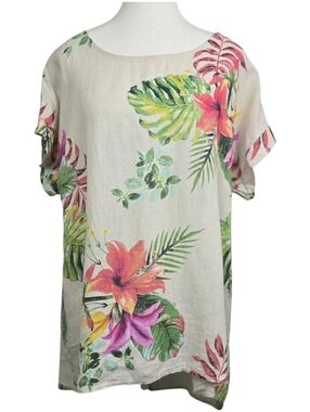 Terzo Millennio Linen Floral Blouse Women’s Medium 100% Linen Short Sleeve